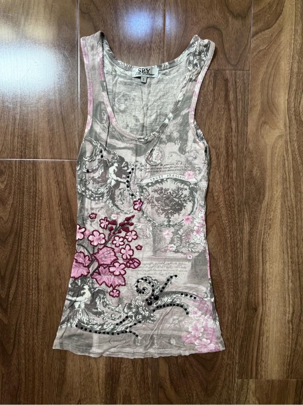 Vintage SPY Gray and Pink Floral Embroidered Tank Top